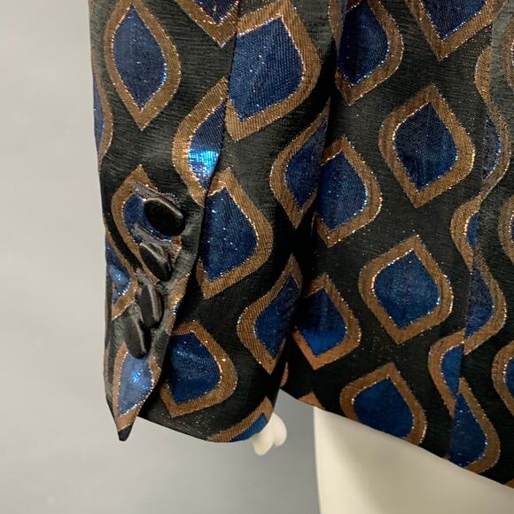 ETRO Size 8 Black Blue Metallic Geometric Peak Lapel Jacket Blazer - Picture 6 of 10